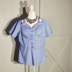 HAUTE PROJECT CORSET BLOUSE BLUE/WHITE SHORT SLEEVE POLY/COTTON SIZE 2X